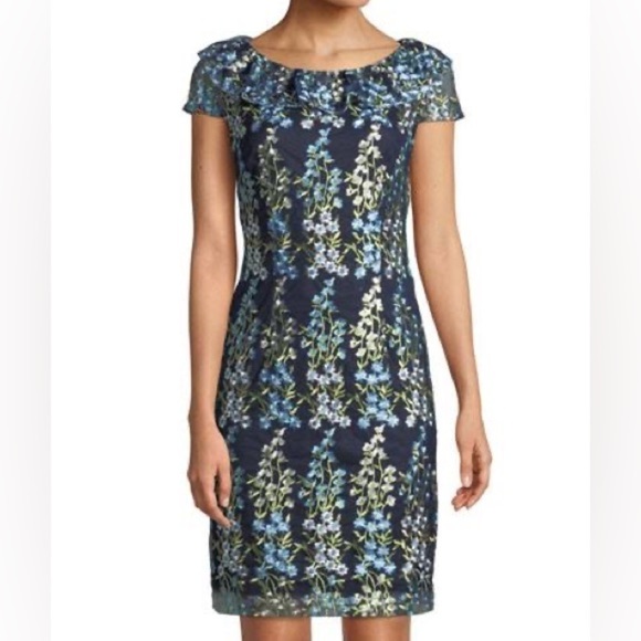 Karl Lagerfeld Dresses & Skirts - Karl Lagerfeld Paris Embroidered Floral Off Shoulder Blue Shift Dress